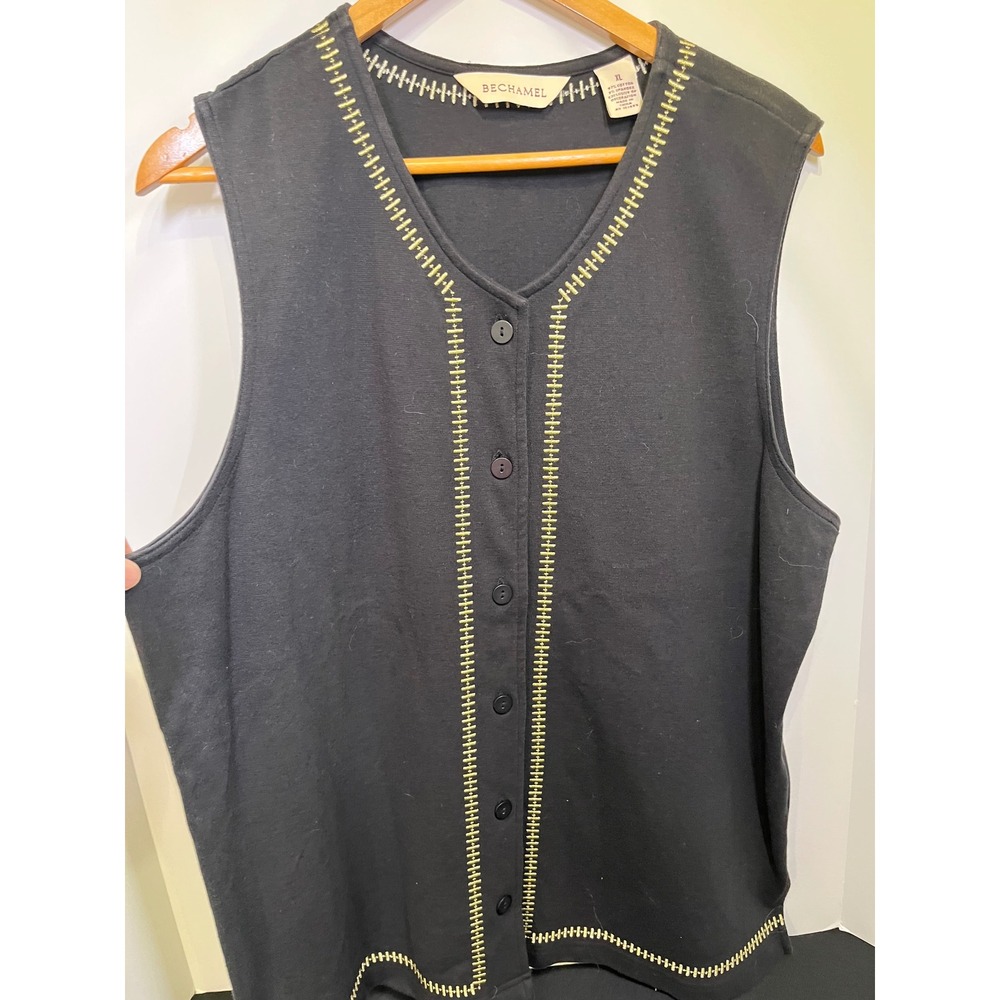 Vintage 90s Bechamel Black Button Front Vest Gold Contrast Trim Women's XL